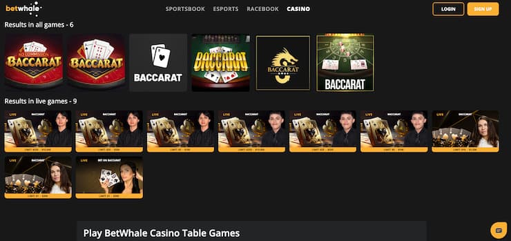 An image of online baccarat options at BetWhale, one of the best baccarat online casino sites.